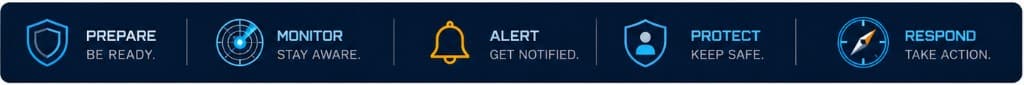 Prepare and be ready. Monitor and stay aware. Alert and get notified. Protect and keep safe. Respond and take action.